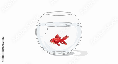 Red goldfish in glass fishbowl with clear water on white background. Goldfish swims alone in clean environment, creating peaceful atmosphere. Concept goldfish ownership for pet stores or home decor.