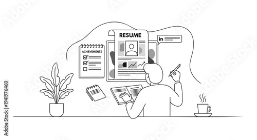 Vector illustration of a man creating a resume on a computer