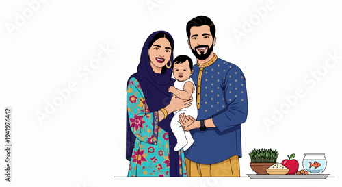 Nowruz family portrait with parents holding baby, beside traditional Haft Seen items. Nowruz family celebrates spring equinox, symbolizing renewal and new beginnings.