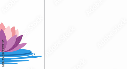 Stylized lotus flower illustration on tranquil blue water, clean background. Decorative lotus flower design element features soft pink and purple petals, serene calm.