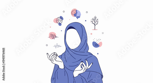 Muslim woman in blue hijab, abstract thought icons like brain and DNA floating around. Muslim woman portrays intellectual curiosity, diverse knowledge, and modern identity.