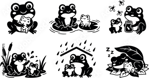 Cute smiling cartoon frogs hugging eating insects sleeping under leaves with raindrops vector art set