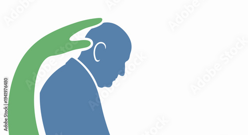 Stylized illustration depicting elderly care with compassionate hand comforting senior person's head. Symbolism of support and assistance for aging population conveys dignity and respect.