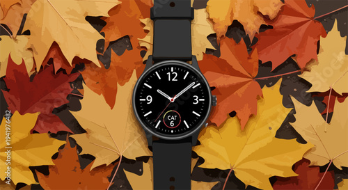 Smartwatch autumn leaves create striking backdrop for wearable technology. Sleek smartwatch autumn device displays digital time and health data, reflecting seasonal colors.
