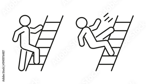 Outline figure climbing up ladder and falling down ladder. Risk of fall. Safety at work and caution concept. Vector illustration