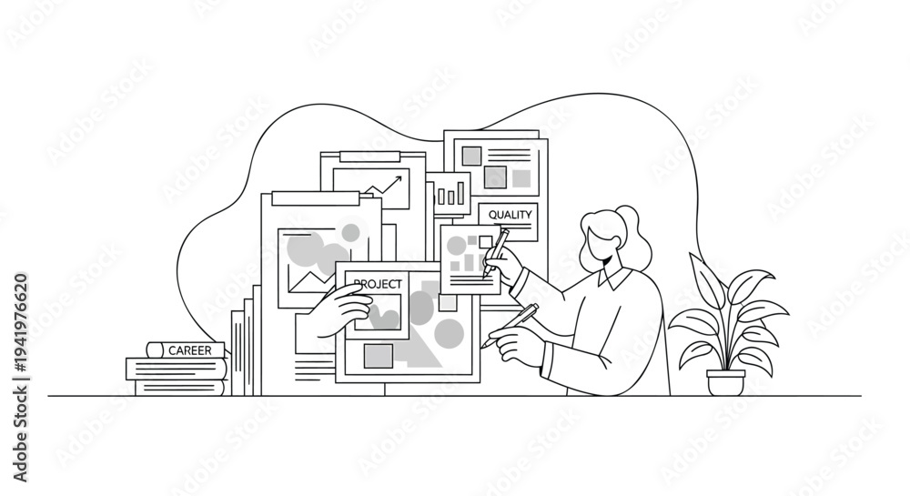 Naklejka premium Vector illustration of a woman working on a computer with a thought bubble full of design elements