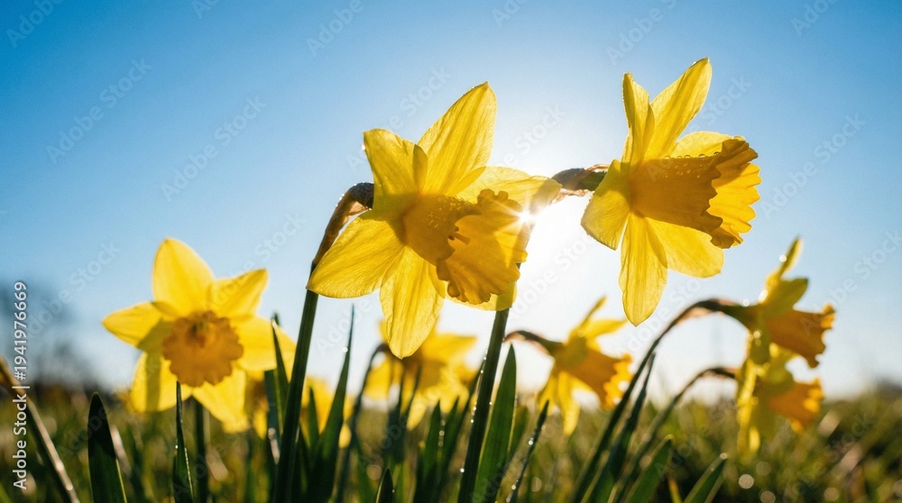 Obraz premium Daffodils blooming in sunlight against clear blue sky concept of Spring flowers 