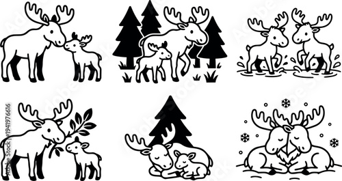Minimalist black and white vector illustrations of moose family with adult and baby moose in forest trees water and snow scenes