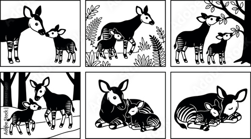 Monochrome vector illustrations of adult and baby okapi in various poses with forest elements and peaceful resting scenes in flat style