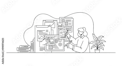 Vector illustration of a woman working on a computer with a thought bubble full of design elements
