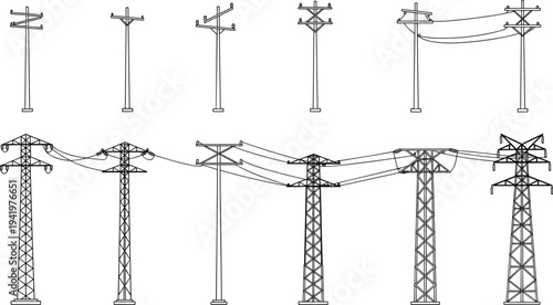 Utility poles and transmission towers, power line silhouettes, electricity infrastructure vector set, black engineering graphics, urban energy distribution artwork, electric grid design