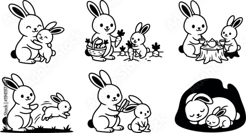 Cute black and white vector art of mother bunny cuddling baby bunny harvesting carrots gardening playing tea party brushing hair and sleeping in burrow