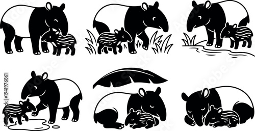 Black and white vector art of tapir mother and baby in various poses standing walking drinking water and resting under leaf protection