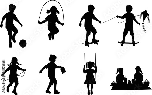 Silhouette illustrations of children engaging in various recreational activities
