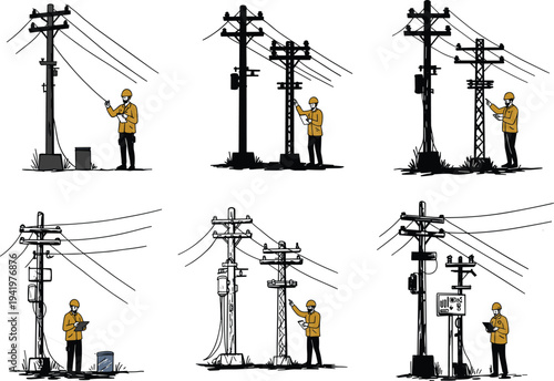 Utility worker silhouette, electrical pole inspection, transformer maintenance, safety gear, urban infrastructure, power line service, repair illustration