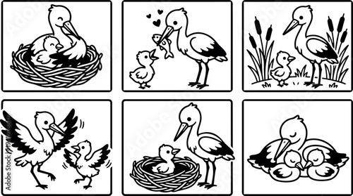 Black and white vector art of stork feeding chick nest caring protecting young bird family scenes in six panels simple line style