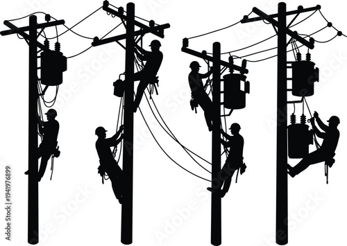 Utility worker silhouette, electrical pole maintenance, black vector, lineman climbing, power line repair, safety gear, infrastructure concept