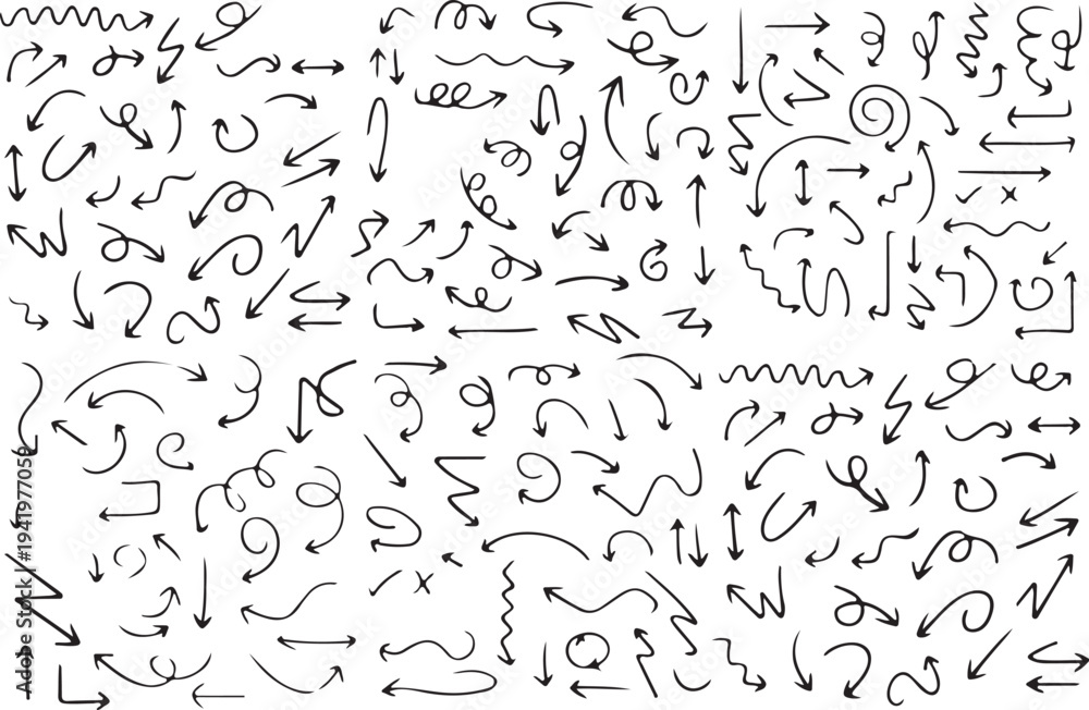 Fototapeta premium Diverse hand drawn doodle arrows set vector illustration for UI design elements