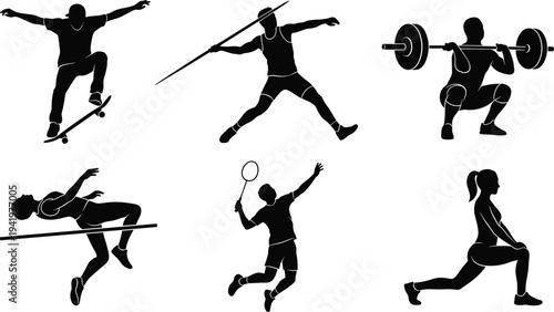 Collection of diverse sports silhouettes including skateboarding, javelin throw, weightlifting, high jump, badminton, and female fitness lunge, black vector athletes isolated on white