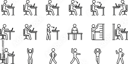 Office worker ergonomics and healthy work habits icon set featuring various exercises and proper posture guidance for wellbeing
