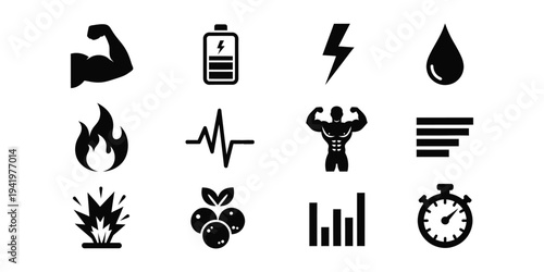 Collection of 12 black icons fitness, health, technology, speed, performance, graph, chart, battery, on white background representing various concepts