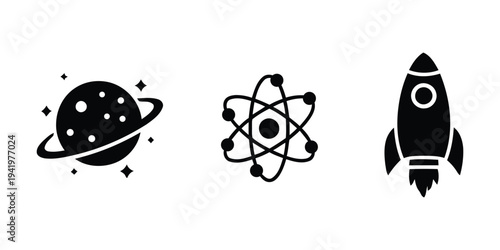 Black and white icons of a planet atom and rocket ship in space