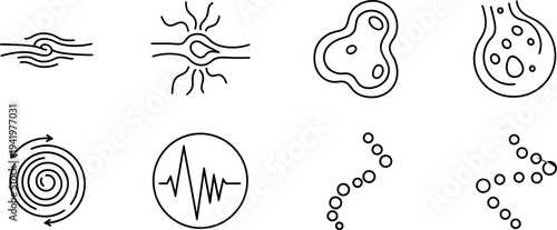 Modern thin line science icons representing various biological and medical processes including cell structure neurons DNA and heartbeat signals
