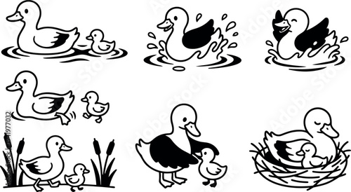 Black and white vector art of duck family swimming walking splashing and nesting in natural pond scene with cattails and ducklings