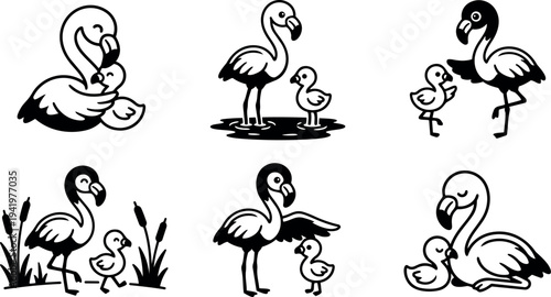 Vector art of flamingo and baby bird in various poses including standing walking hugging and resting simple black and white line scenes