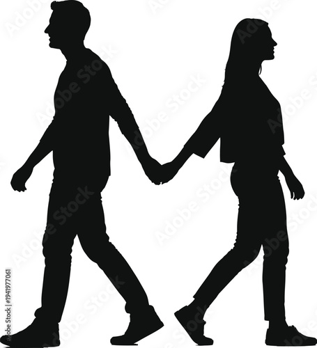 Man and woman walking in opposite directions holding hands silhouette.