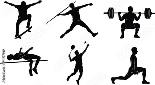 Collection of diverse sports silhouettes including skateboarding, javelin throw, weightlifting, high jump, badminton, and fitness lunges, black vector athletes isolated on white background