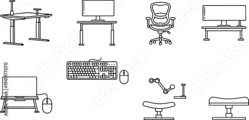 Modern office equipment line art collection featuring ergonomic desks chairs and computer peripherals for comfortable workspaces