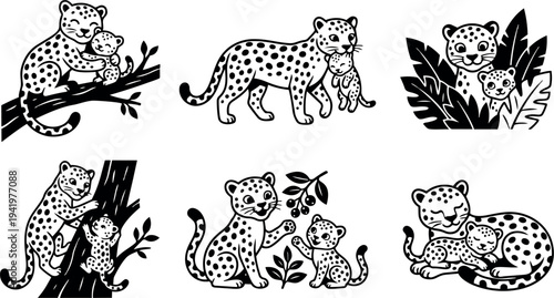 Black and white vector art of mother leopard and spotted cubs playing resting climbing tree surrounded by leaves and branches