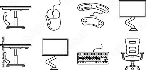 Modern office and computer technology accessories line art vector icons for productive remote work and ergonomic desk setup illustration