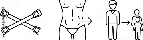 Modern minimalist icon set depicting security straps body transformation and human generational growth concepts for health and lifestyle applications