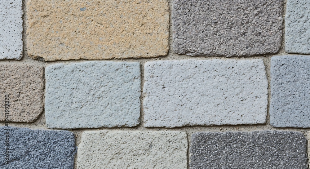 Obraz premium Close-up of a wall made of textured stone bricks in various shades of gray and beige.