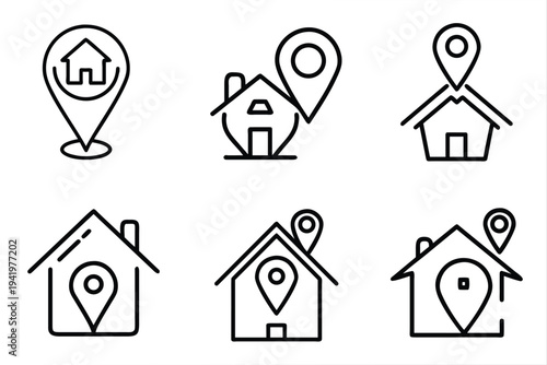 Home location and real estate outline icon set with house map pin, residential property navigation, neighborhood destination pointer more vector illustration or editable stroke.