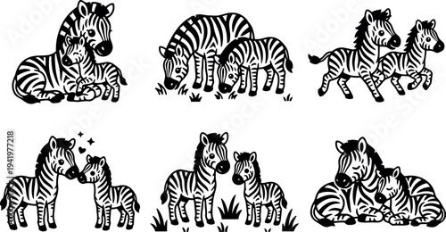 Monochrome vector art of zebra mother and foal playing resting and bonding in various playful poses with grass details