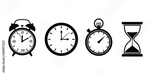 A collection of four different time keeping devices including an alarm clock round clock pocket watch and hourglass on a white background