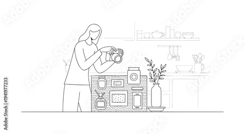 Vector illustration of woman holding plant in modern kitchen interior