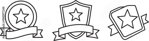 Three star rating icons with ribbons and shields in a line