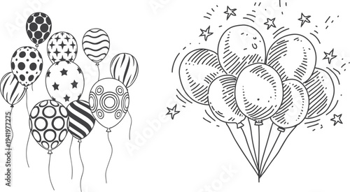 Hand Drawn Balloon Set – Linear Doodle and Black Outline Bunch, Sketch Style Line Icons for Birthday, Celebration, and Congratulations Vector Illustration