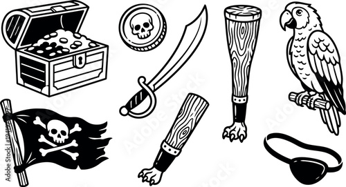 Black and white pirate themed vector art set with treasure chest sword skull coin pirate flag parrot wooden peg leg and eye patch illustrations