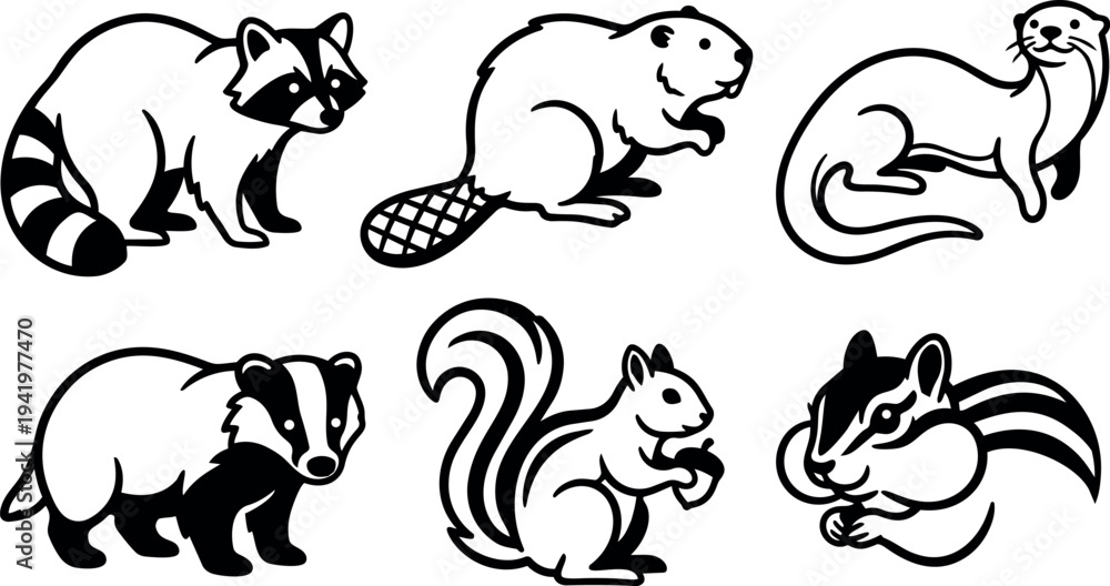 Naklejka premium Black and white vector art set of six cute forest animals including raccoon beaver otter badger squirrel and chipmunk illustrated in simple line style