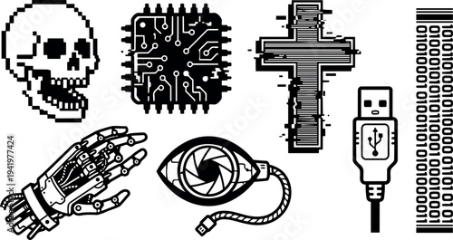 Glitch art pixelated skull robotic hand usb cable digital eye aperture cyber circuit board retro style