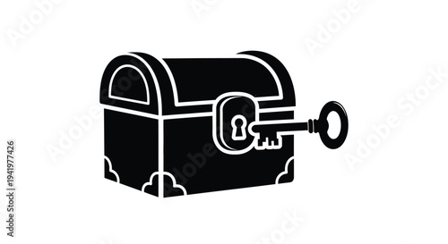 A black silhouette of a treasure chest with a key isolated silhouette