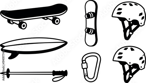 Black and white flat design of skateboard snowboard helmets carabiner and ski pole equipment icons collection
