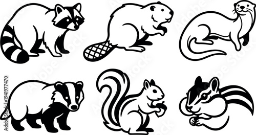Black and white vector art set of six cute forest animals including raccoon beaver otter badger squirrel and chipmunk illustrated in simple line style