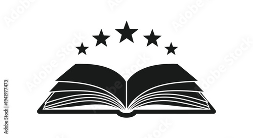 Open book with stars above a striking black silhouette