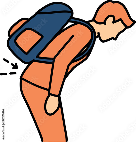 Illustration of a person experiencing significant lower back pain and discomfort while carrying a heavy backpack causing spine strain